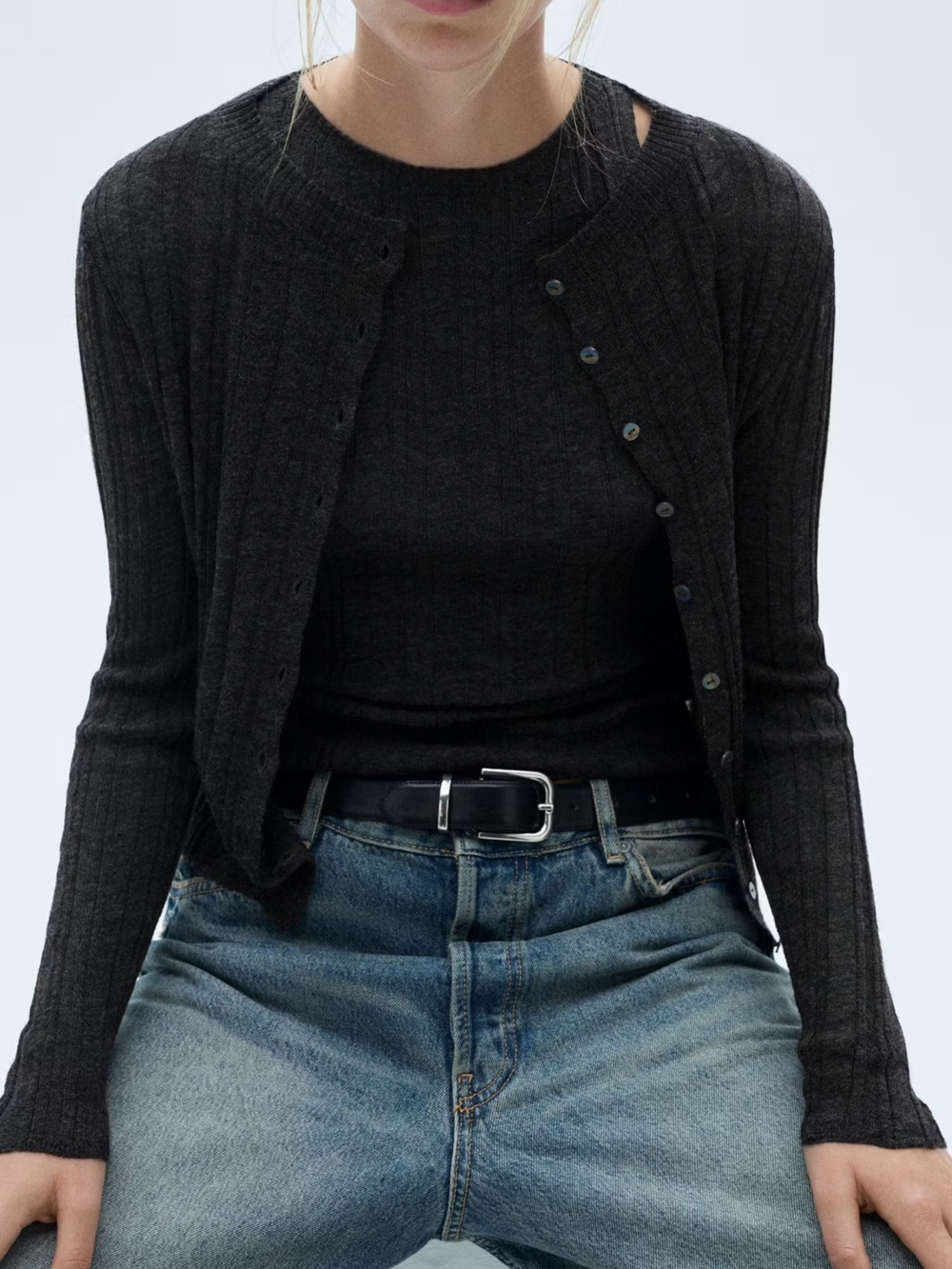 Mango Dark Grey Ribbed Knit Button-Front Cardigan